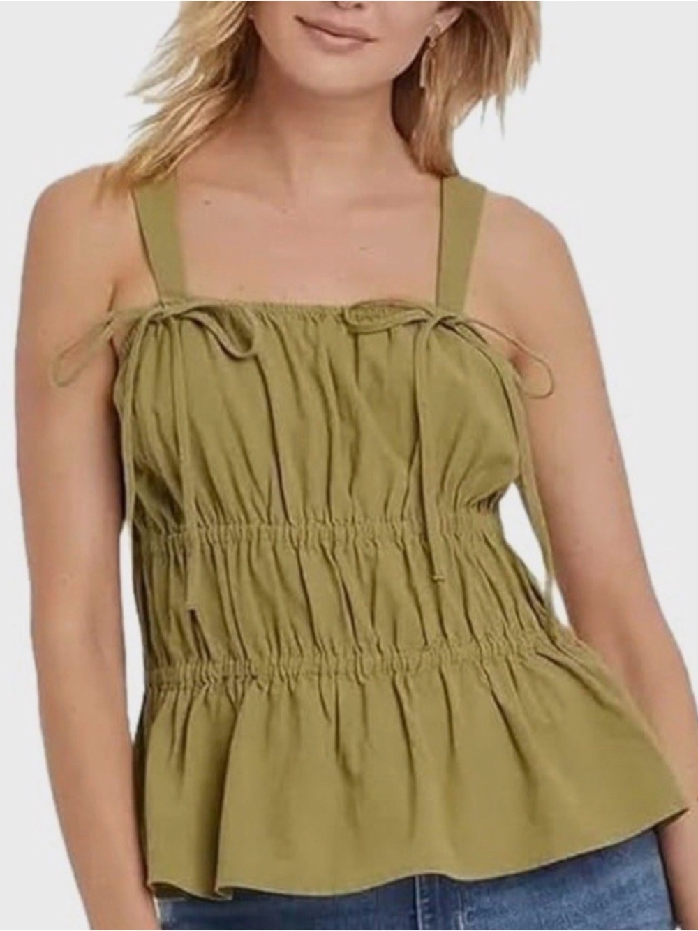 Olive Green Tiered Tank Top Ties Cotton Boho Festival